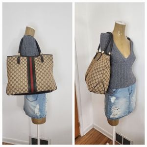 GUCCI GG Canvas Sherry Line Web Tote Bag